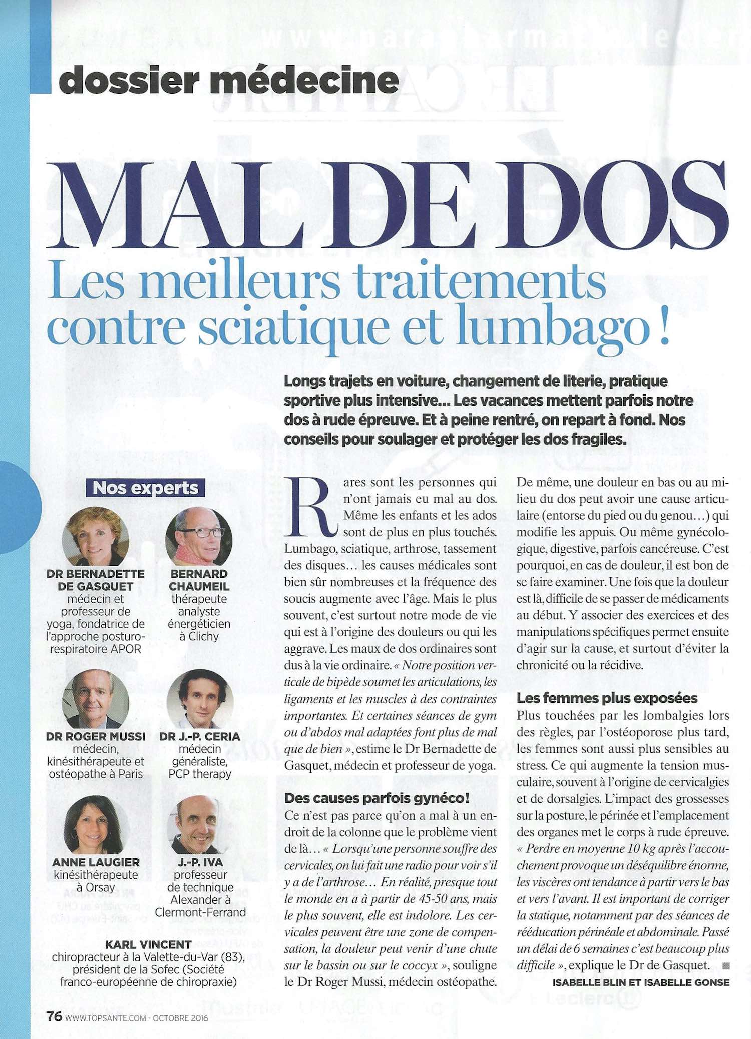 Top Santé 16 10 Page 1 Jean Paul Iva Psychothérapie Psychothérapeute Mal au dos Technique Alexander Toulon Var